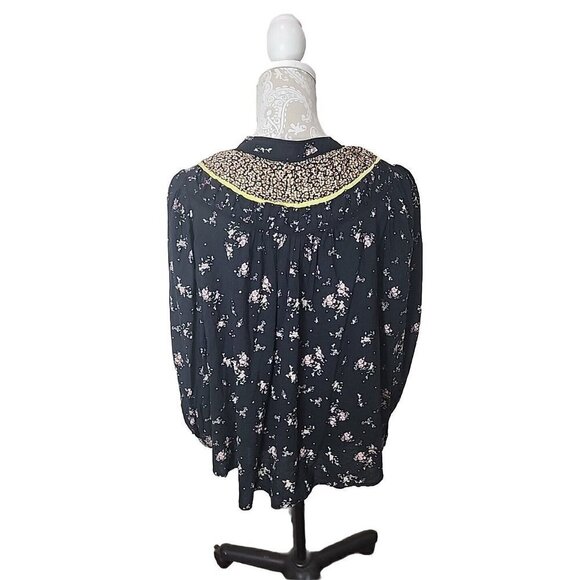 Free People Womens Black Floral Puff Sleeve Boho Cottagecore Peasant Top Small - Picture 4 of 9